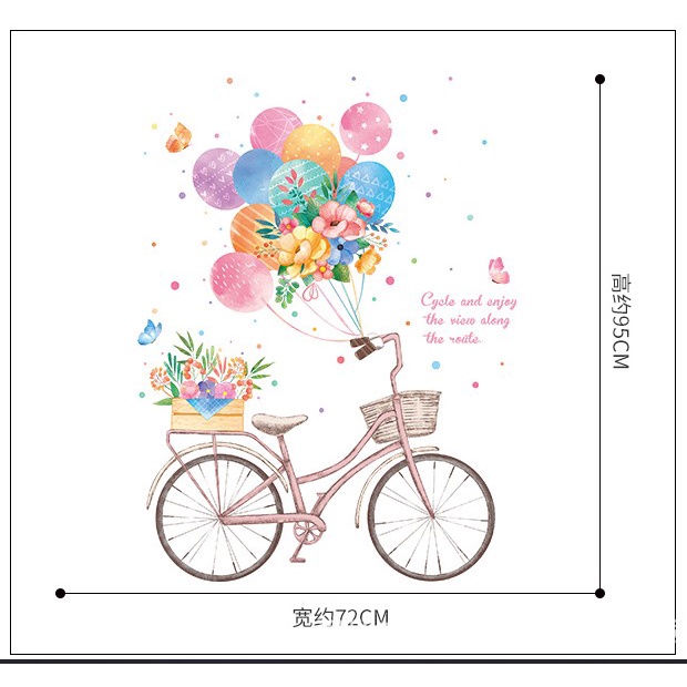 Tranh dán tường 3D Xe đạp và bong bóng KT 95x72cm, Decal trang trí phòng, Miếng dán trang trí phòng khách