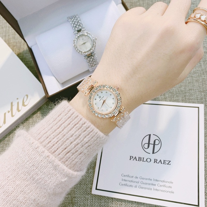Đồng hồ nữ đính đá, đồng hồ đeo tay nữ DIOR mặt tròn, dây kim loại sáng lấp lánh, thời trang cao cấp giá rẻ
