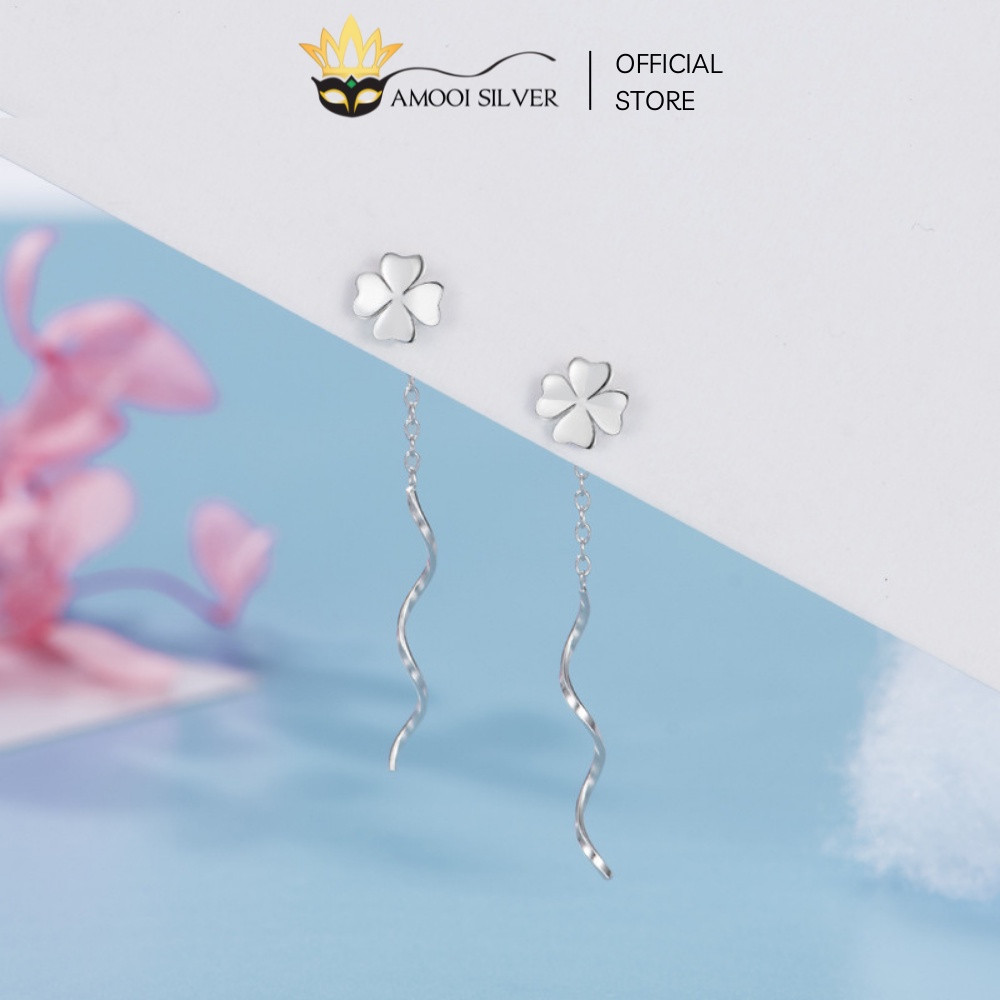 Bông Tai Bạc S925 Mẫu Cỏ 4 Lá Dáng Tua Dài Xỏ Qua Tai - Amooi Silver AB143