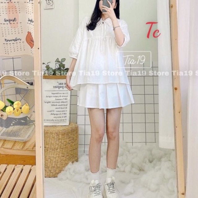 Set áo sơ mi đũi trắng tay lỡ + chân váy xếp ly trắng Tc