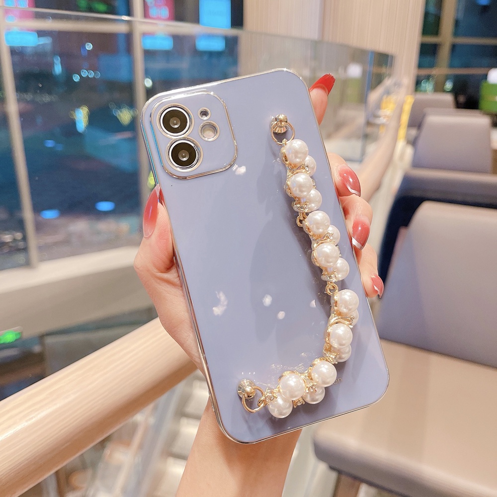 Ốp điện thoại màu trơn đính dây đeo ngọc trai nhân tạo sang trọng cho iPhone 12 11 Pro Max XS Max XR X 8 7 Plus