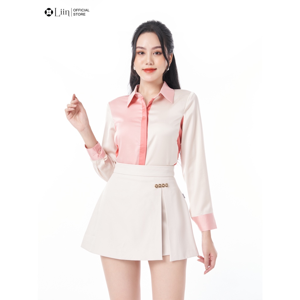 Áo sơ mi linbi dài tay chất vải lụa hồng mix form công sở thanh lịch, thời thượng liin clothing SM3751