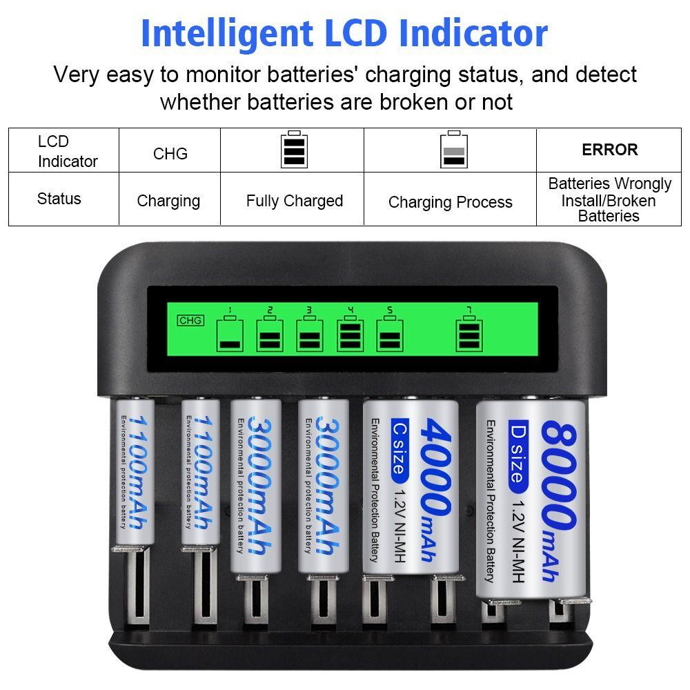 BTLIMER Bộ Sạc Pin Nhanh Ni-MH / Ni-CD AA / AAA / C / D 8 Ngăn