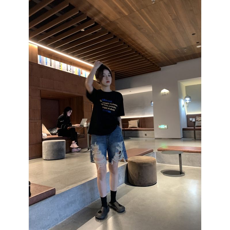 Bán Chạy!Quần Short Denim Rách Lưng Cao Dáng Rộng Phong Cách Thời Trang Retro Mỹ Hàng Mới Dành Cho Nữ