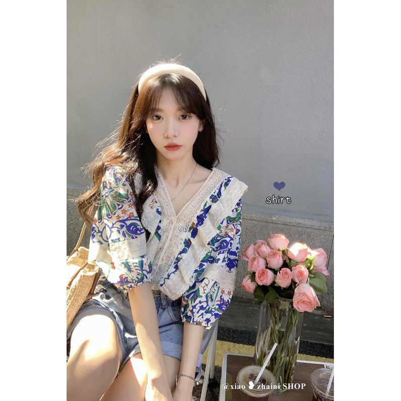 Áo Sơ Mi Tay Ngắn Cổ Chữ v Họa Tiết Hoa Thời Trang Mùa Hè Phong Cách Pháp