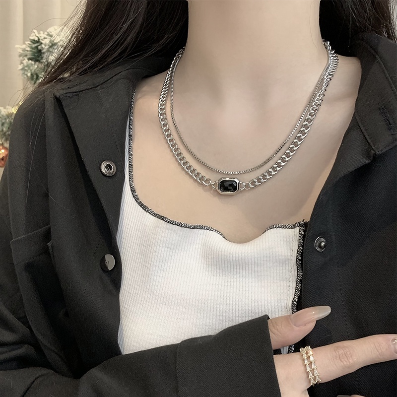 Vòng cổ Hai Lớp Đính Đá Đen Phong Cách Retro Hàn Quốc
