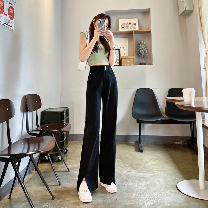 Quần ống rộng suông jean nữ lưng cao hai cúc xẻ gấu vintage siêu tôn dáng SUNNY SHOP D4