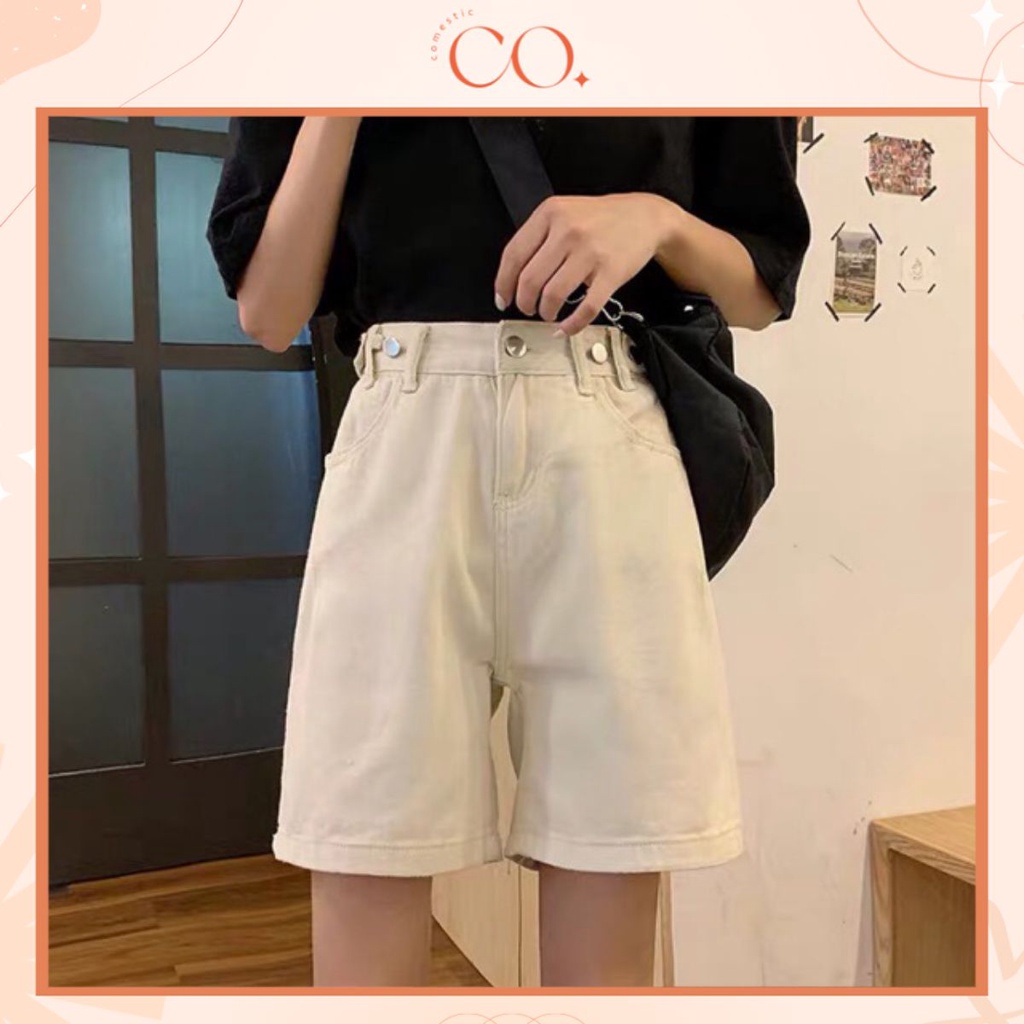 Quần short kaki nữ lưng cao, quần đùi jean cạp cao ống rộng sắn gấu C3