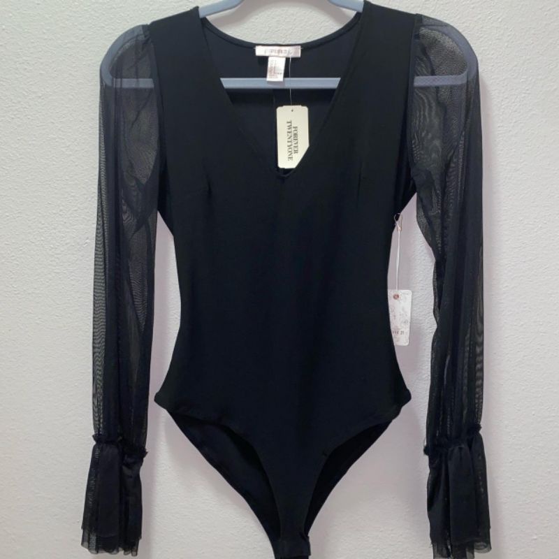 Bodysuits đen tay dài phối voan lưới đen f21 vnxk bodysuit sheer long sleeves forever 21 xuất khẩu dư xịn | BigBuy360 - bigbuy360.vn