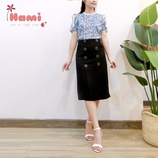 Bộ đồ công sở nữ sơ mi hoa nhí chân váy khuy - set trang phục văn phòng may