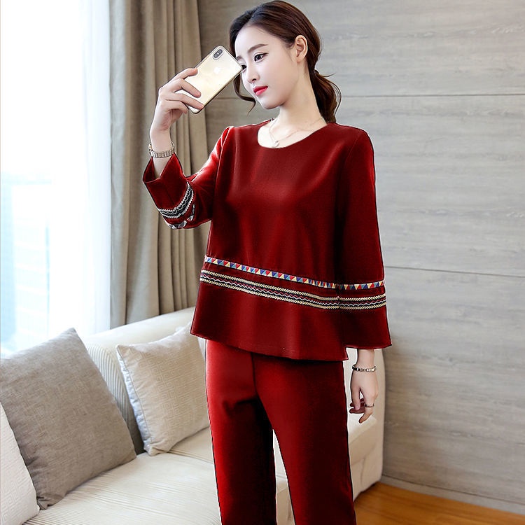 Bộ đồ dài tay cỡ lớn thời trang mùa xuân thu dành cho phụ nữ trung niên 40-50-60 tuổi