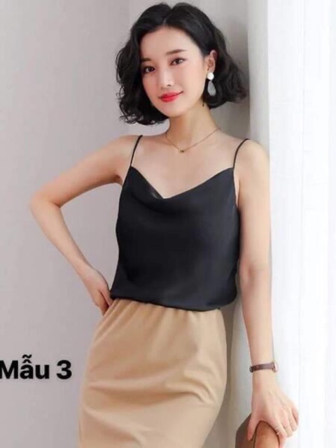 Áo 2 dây chất lụa satin mát lạnh siêu nhẹ 5 màu đen trắng xanh be ghi thời trang Banamo Fashion áo 2 dây lụa cổ tim 371