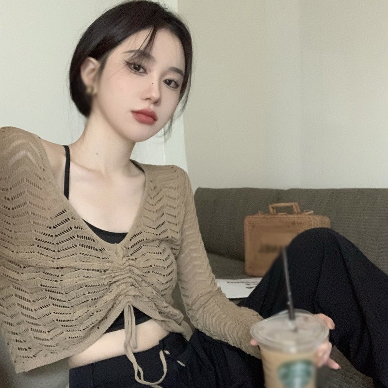 Áo Croptop Dệt Kim Tay Dài Chống Nắng Màu Sắc Trơn Phối Dây Rút Phong Cách Vintage Hàn Quốc Cho Nữ