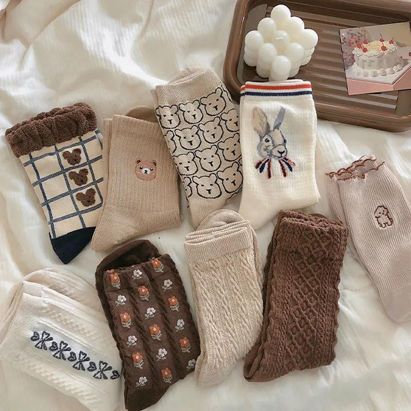 Vớ Cotton Cổ Cao Thêu Họa Tiết Gấu Hoạt Hình Dễ Thương Thoải Mái Thời Trang Thu Đông Cho Nữ