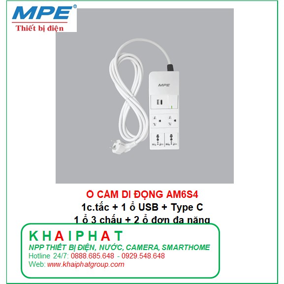 Ổ CẮM ĐIỆN DI ĐỘNG CÓ DÂY 1 công tắc 1 ổ cắm sạc USB + Type C 1 ổ cắm đôi 3 chấu 2 ổ cắm đơn đa năng 1.5 AM6S4 MPE