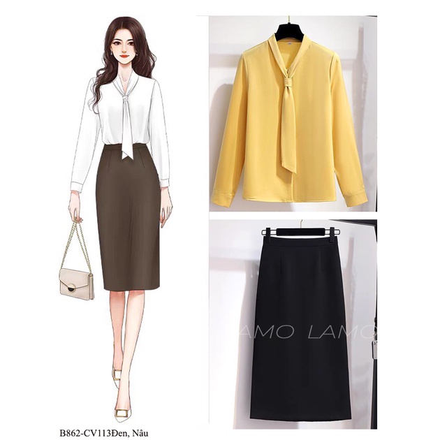 Áo sơ mi nữ cổ kiểu phối nơ LAMO - B862