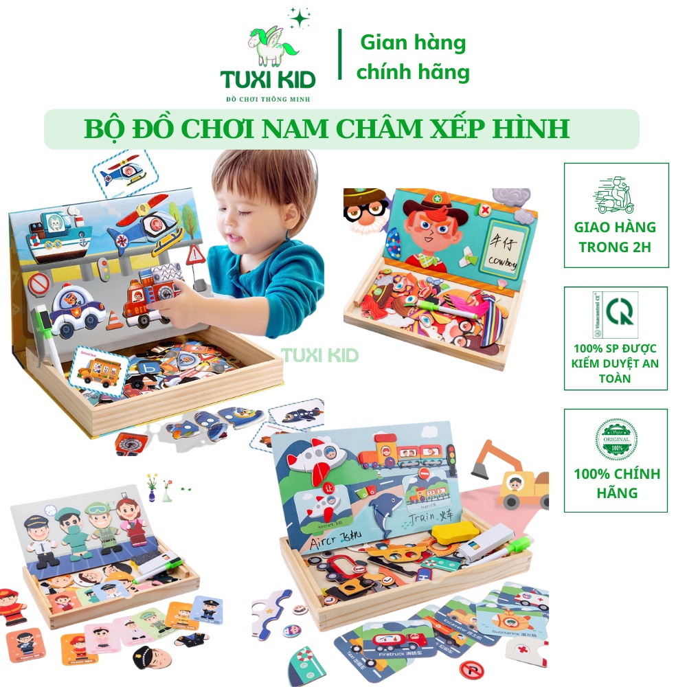 Bộ đồ chơi bảng nam châm xếp hình Sáng Tạo 2 Mặt theo chủ đề cho bé hộp gỗ