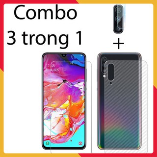 Bộ Combo Samsung A70 gồm 1 cường lực dẻo, 2 decal vân carbon mặt sau và 2 miếng dán camera