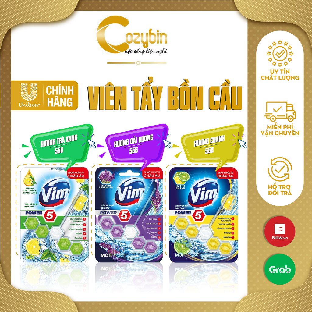 Viên tẩy bồn cầu VIM Power 5 khử mùi nhà vệ sinh thơm bồn cầu 55g CozyBin