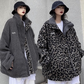 Sẵn Xám-M(Hàng dày Đẹp)Ảnh thật 3 hình cuối-2W122.Áo khoác thu đông họa tiết da báo 2 mặt Unisex