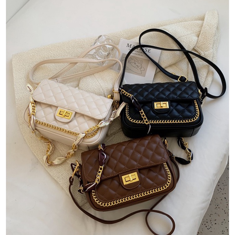 Túi xách nữ đeo vai và chéo trần trám MUNGA da mềm size 23 nhiều ngăn  dây xích phối vải TMG02
