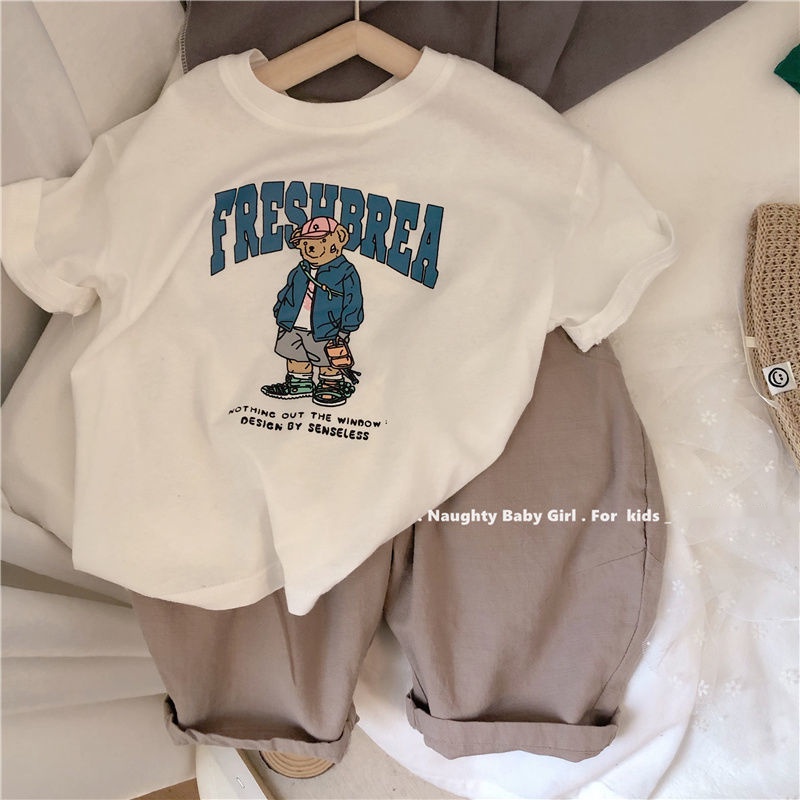 MNGRL Áo Thun Tay Ngắn Cotton In Thoải Mái Mềm Mát Hàn Quốc Mùa Hè Cho Bé Trai