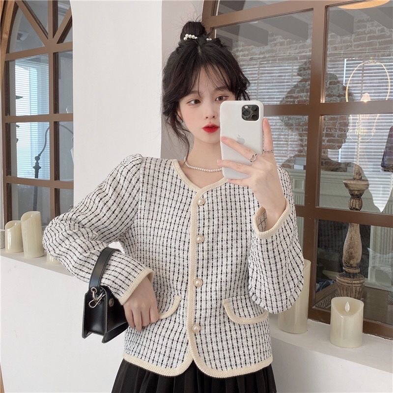 Áo khoác dạ tweed khuy ngọc cực sang
