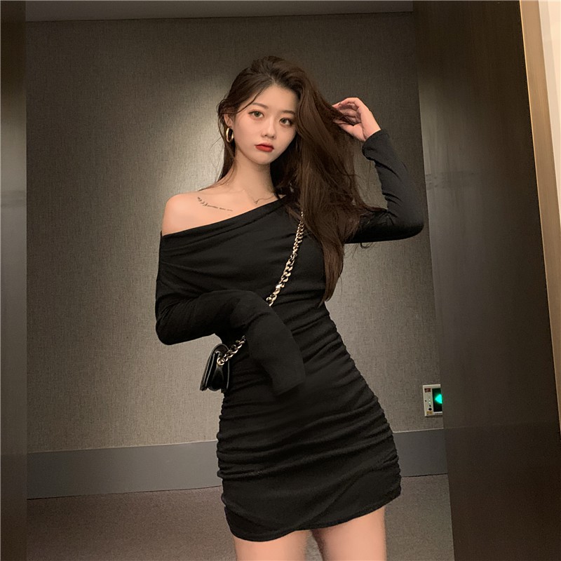 (ORDER) Váy thun nhăn dài tay trễ vai ôm body gợi cảm cá tính style Hàn Quốc