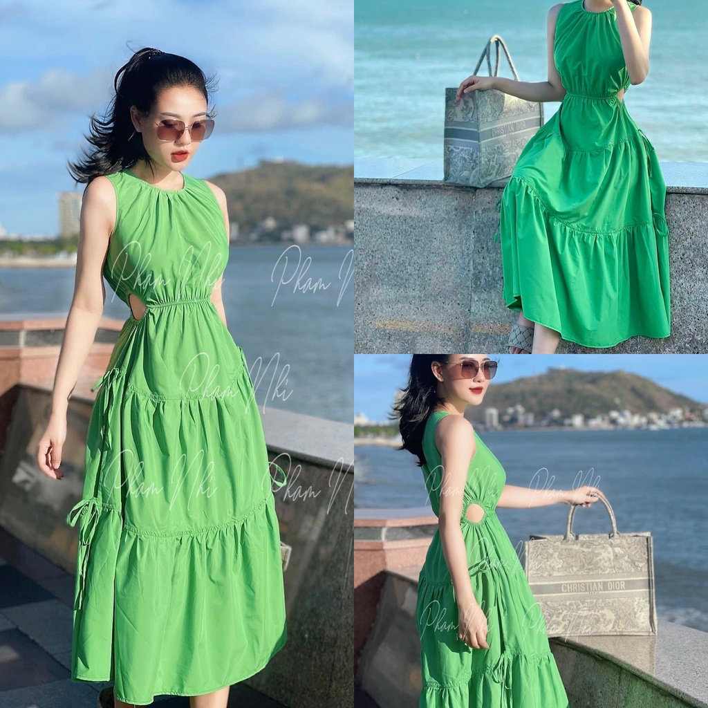 Váy Đầm Xoè Tiểu Thư Khoét Eo Cột Nơ Đi Chơi Du Lịch Cao Cấp (Hàng Chuẩn Đẹp)