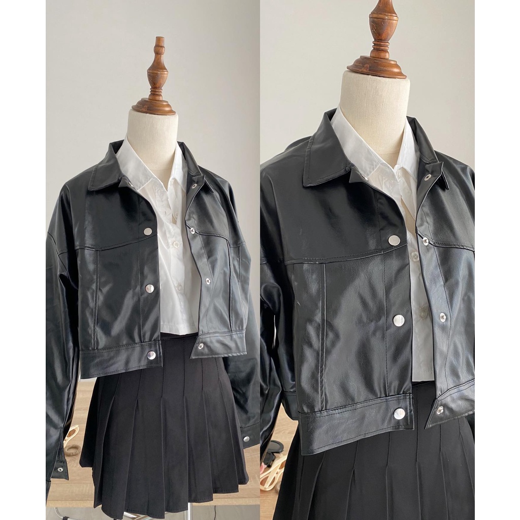 K681 Áo jacket da AUDREY dài tay dáng croptop