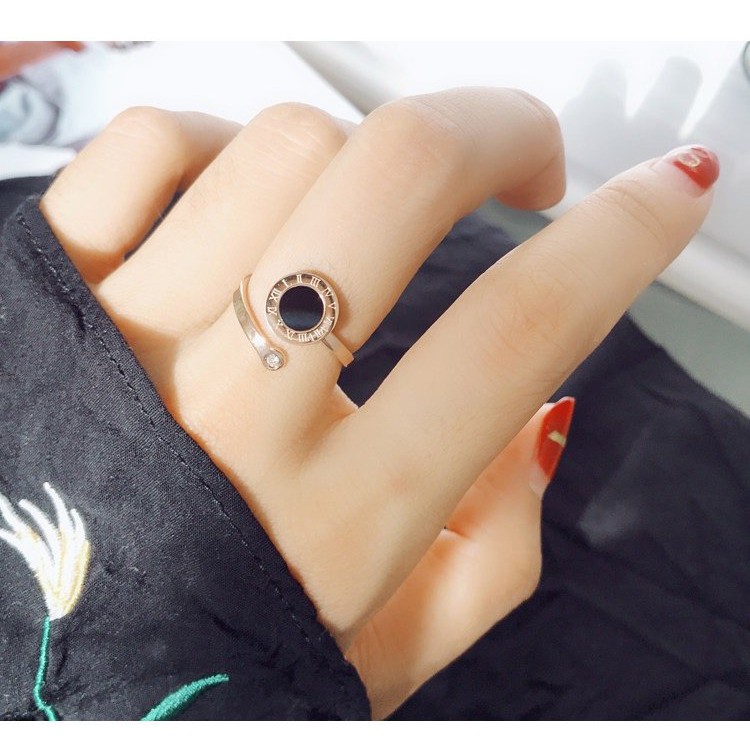 Nhẫn hở khắc số la mã tròn bằng thép titan mạ vàng hồng 18k phong cách hàn quốc roman cho nữ