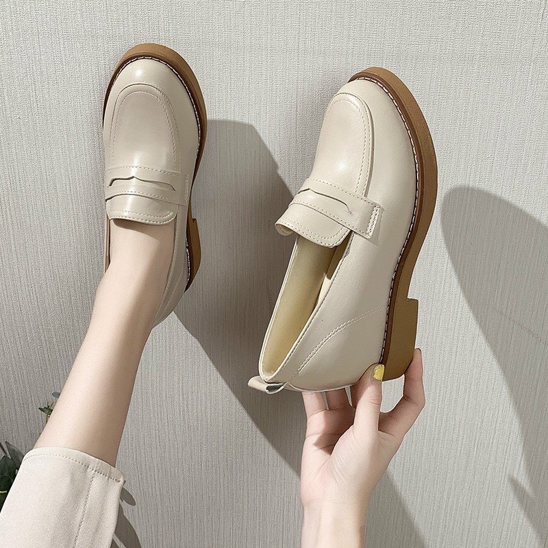 Giày Da Nữ Mũi Tròn Đế Gót Vuông Phong Cách Hàn Quốc