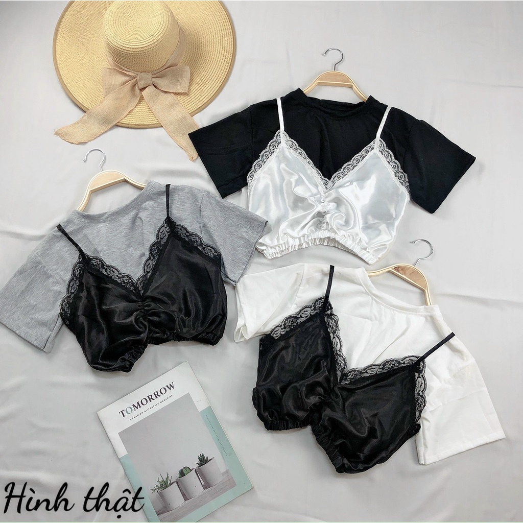áo kiểu croptop kèm áo phi yếm ren ngoài xinhu