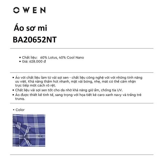 Áo Sơ Mi Nam Ngắn Tay Owen BA20652NT Somi Cộc Tay Công Sở Cao Cấp Kẻ Caro Xanh Navy Chất Sợi Sen Dáng Body Fit Tà Bằng
