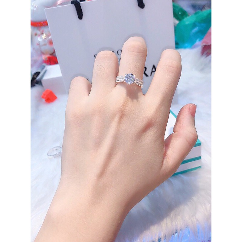 Nhẫn bạc đá cao nhân tạo bạc ta kẻ song song
