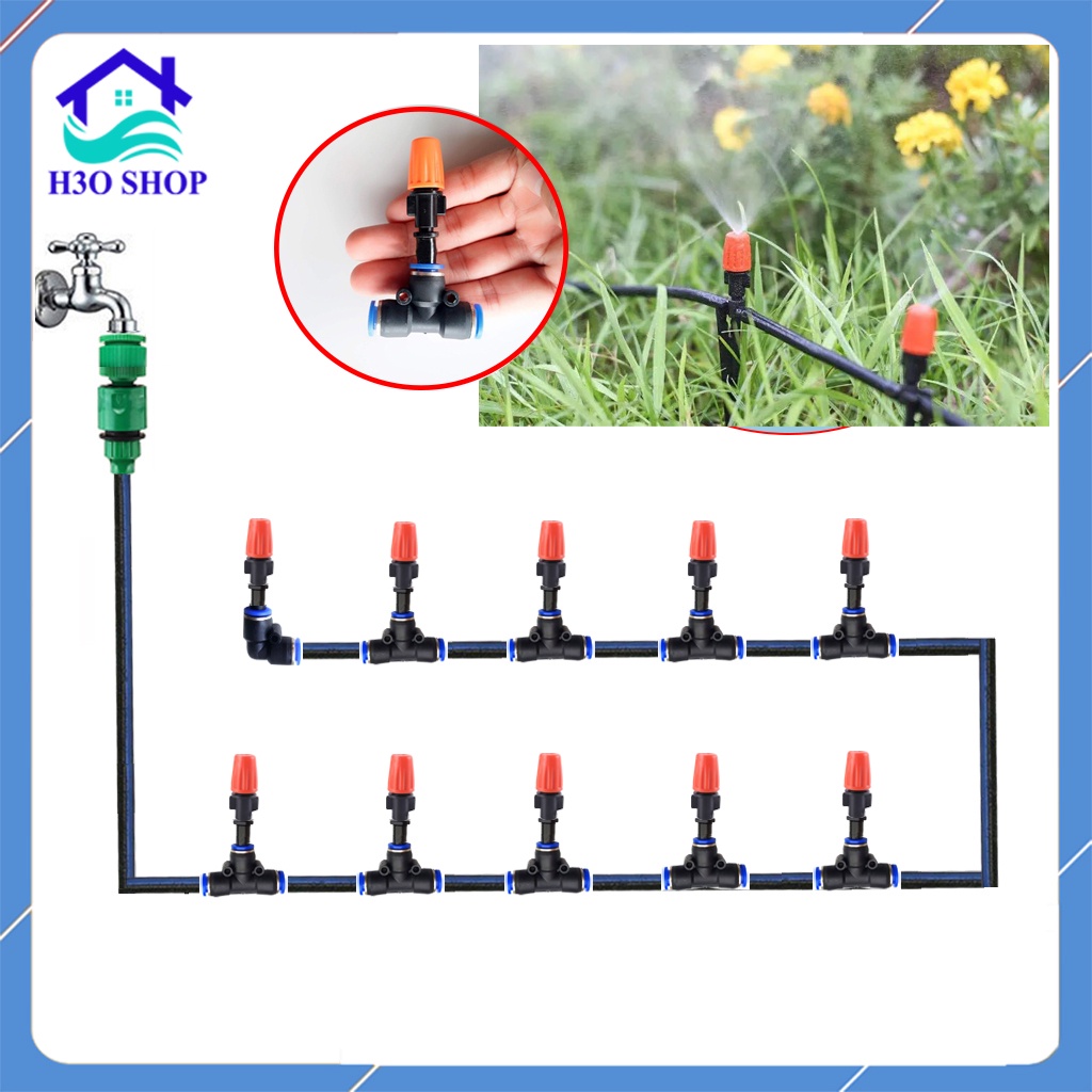 Bộ tưới cây tự động gồm béc phun sương cam và tê nối nhanh sử dụng ống ldpe 8mm loại tốt, hàng cao cấp, dễ lắp đặt