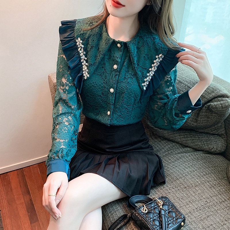 Áo ren dài tay áo lưới dài tay Vừa Vặn Đính Hạt Kiểu Phương Tây Thời Trang Mùa Xuân Mới