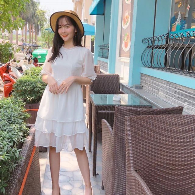 Váy trắng dự tiệc thắt nơ tay phong cách tiểu thư kèm ảnh thật bé mặc được SẴN SIZE S, M, L
