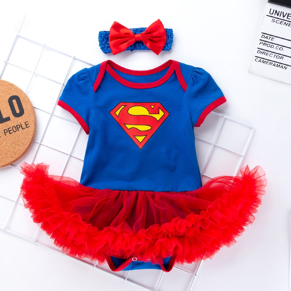 Bộ 2 Món Áo Liền Quần Tay Ngắn + Băng Đô Vải Cotton In Hình Superman Dễ Thương Cho Bé Gái 0-2 Tuổi