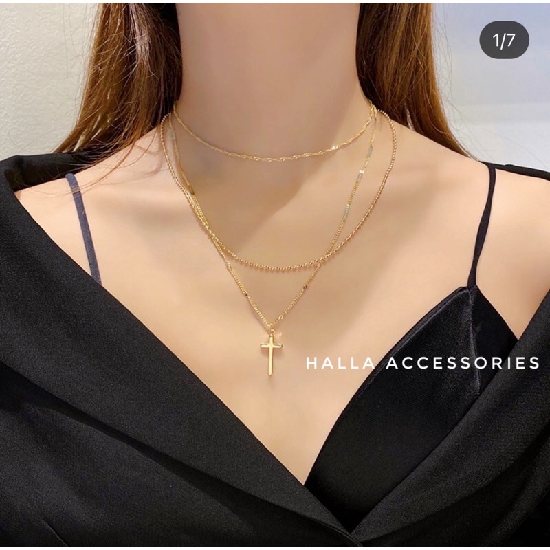 Dây chuyền Vòng cổ Chocker TITAN màu Gold Mặt thánh giá (không đen gỉ) 3 lớp dây HALLA DC121