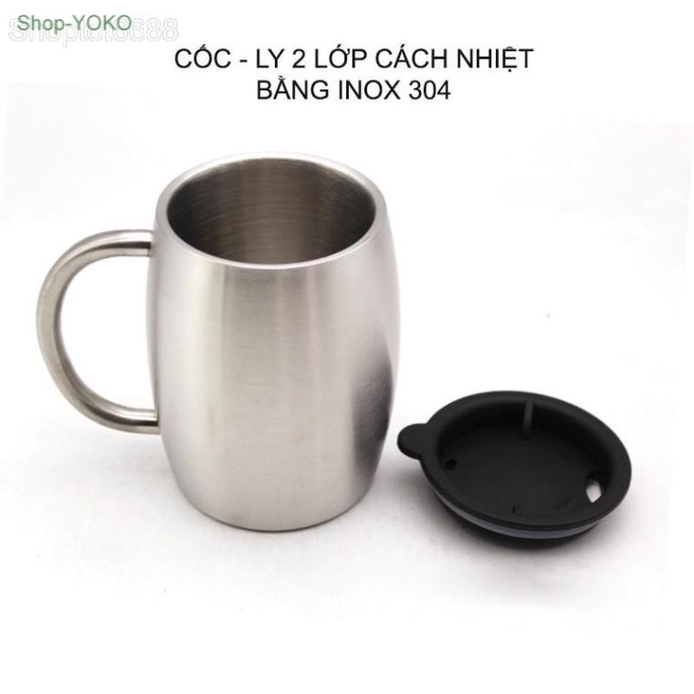 Cốc ly dùng uống café, uống trà bằng inox 304 loại 2 lớp chống nóng, có nắp nhựa, dung tích 400ml