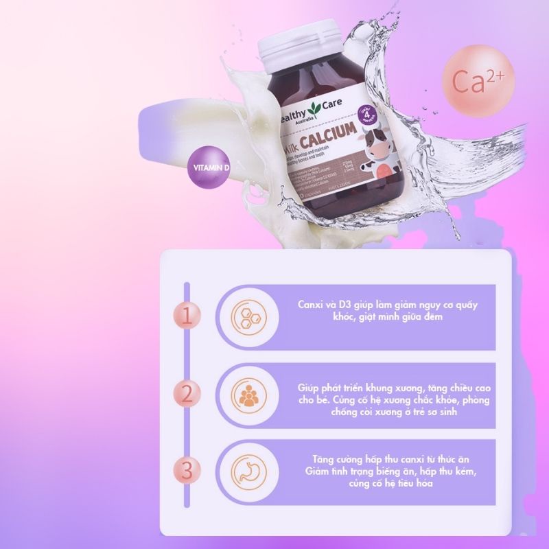 Canxi sữa Healthy Care Milk Calcium Bổ sung Canxi cho bé 60 viên Úc