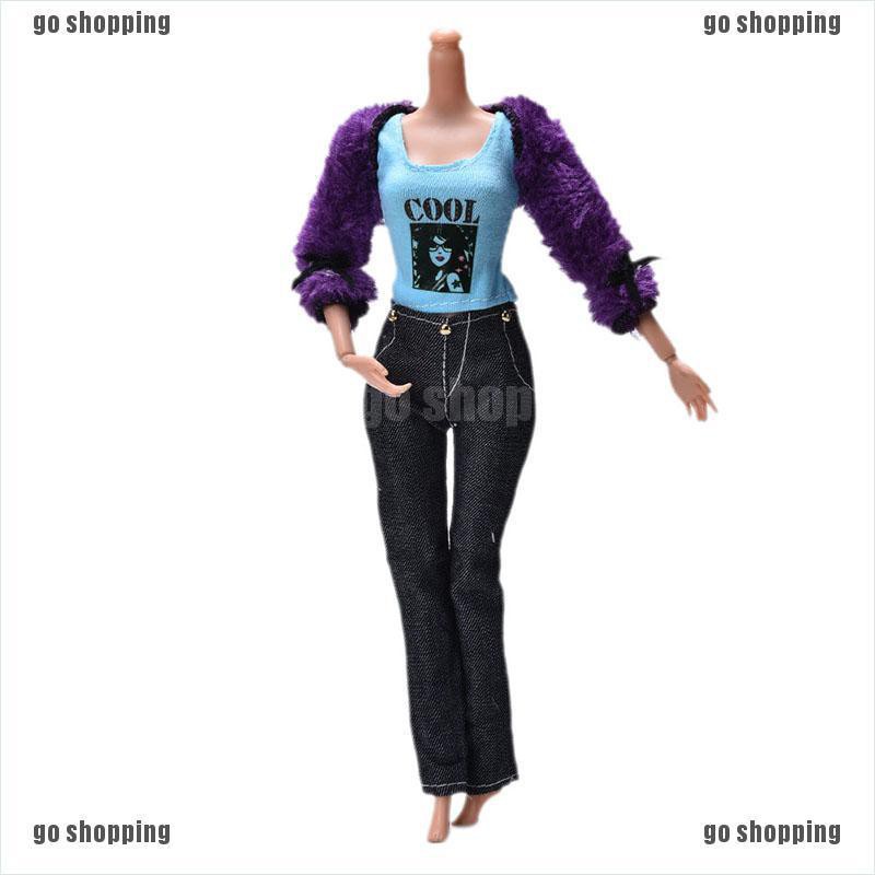 {go shopping}3 Pcs/Set Fur Coat Suit for Barbie Dolls Black Pants Fur Purple Coat Fashion Kid