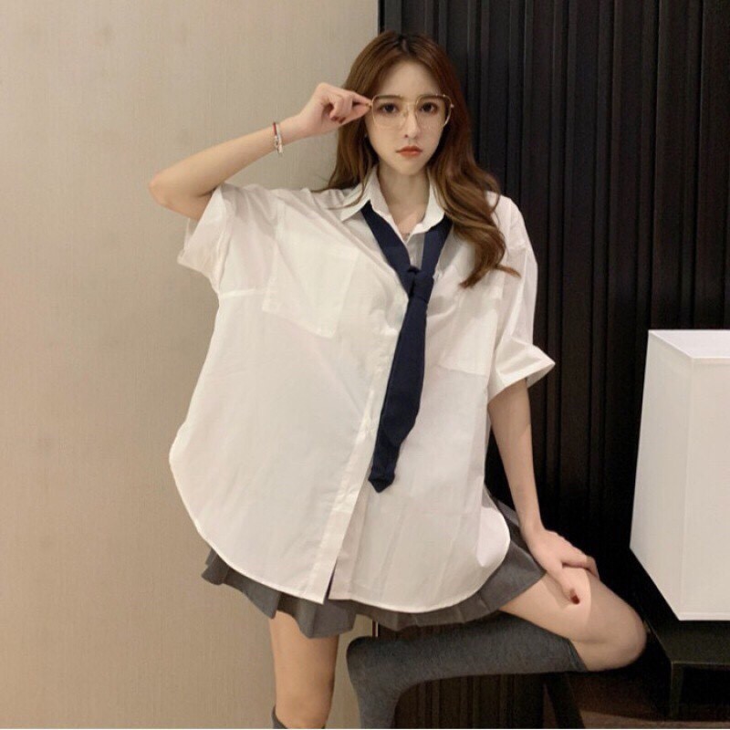 Áo sơ mi trắng cộc tay kèm cà vạt phom rộng dáng suông ulzzang hàn quốc/ Áo sơ mi nam nữ có túi dáng dài unisex cá tính