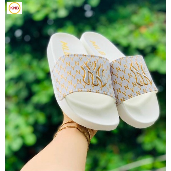 Dép 𝐌𝐋𝐁 UNISEX mẫu dép thể thao ❤️ Freeship + Hộp ❤️ Dép NY bóng chày quai ngang nam nữ chữ thêu nỗi kèm mác trắng vàng