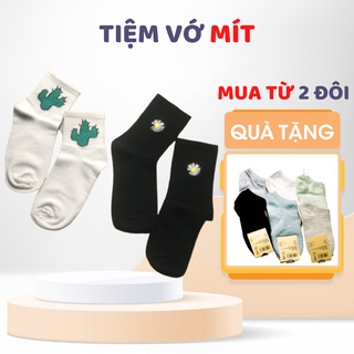 Tất nữ thể thao cao cổ Hàn Quốc , vớ dài cotton nhiều màu in icon cây Tiệm Vớ MÍT c08