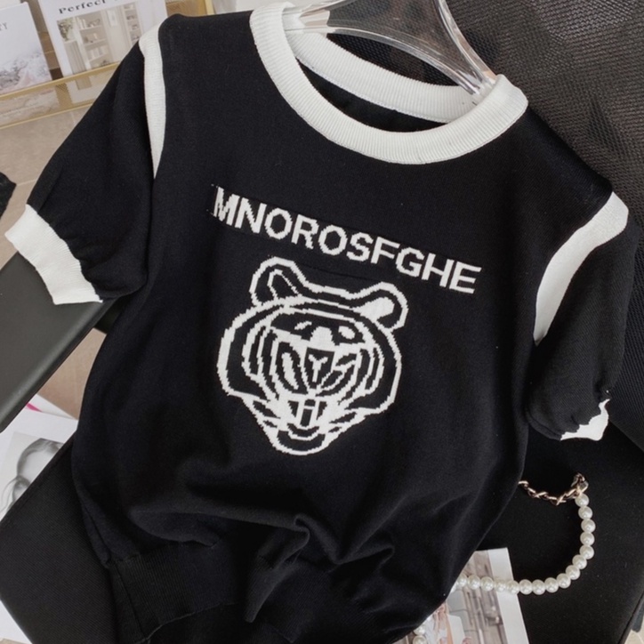 Áo thun ZHELIHANGFEI dệt kim ngắn tay cổ tròn thêu họa tiết xinh xắn