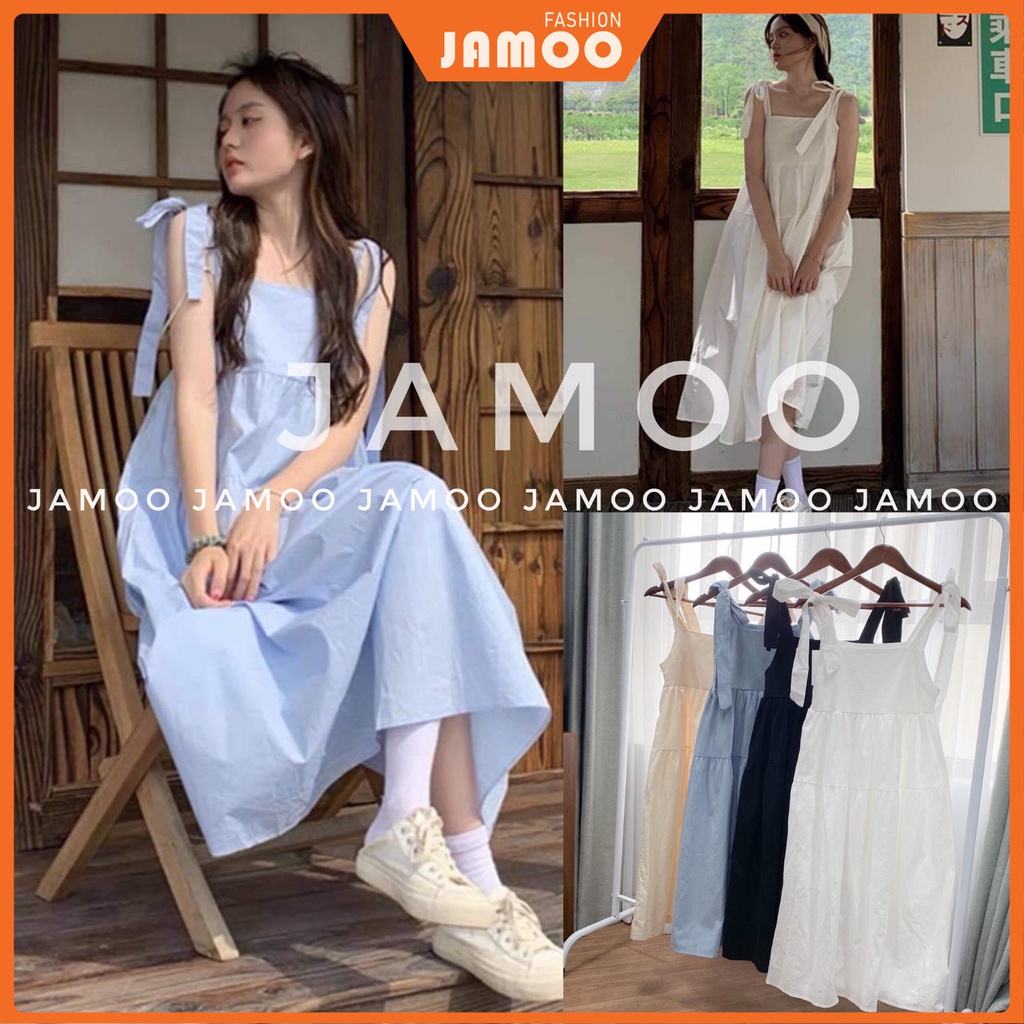 Váy hai dây babydoll buộc nơ vai chất thô 4 màu_ Váy nữ thiết kế Jamoo