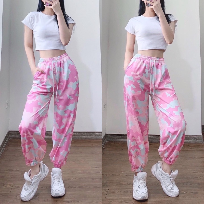 Set aó croptop + quần bom loang màu / croptop basic + jogger camo tiedye