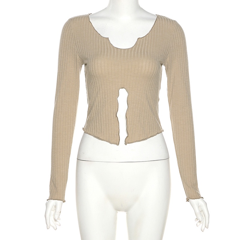 DUNEA Áo Croptop Tay Dài Cổ Chữ V Màu Trơn Thời Trang Cho Nữ